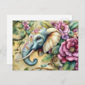 Aquarell Illustration eines Elefanten mit Blumen ポストカード (正面/裏面)