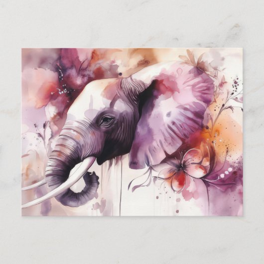 Aquarell Illustration eines Elefanten mit Blumen ポストカード (正面)
