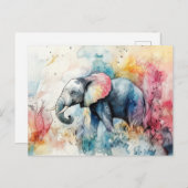 Aquarell Illustration eines Elefanten mit Blumen ポストカード (正面/裏面)