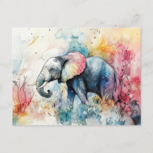 Aquarell Illustration eines Elefanten mit Blumen ポストカード (正面)