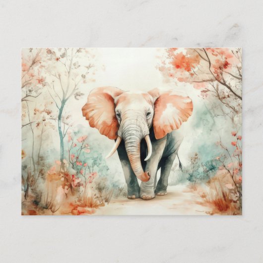 Aquarell Illustration eines Elefanten mit Blumen ポストカード (正面)