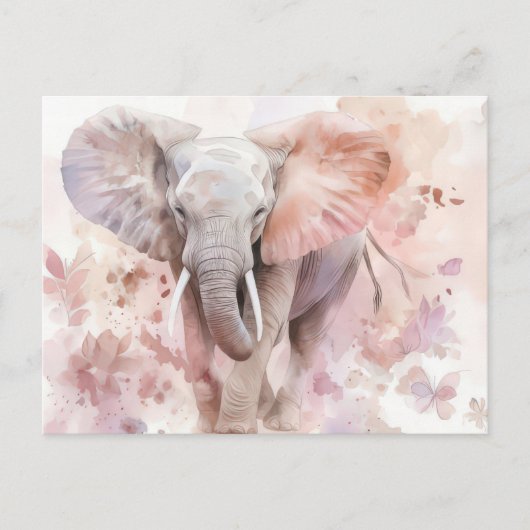 Aquarell Illustration eines Elefanten mit Blumen ポストカード (正面)