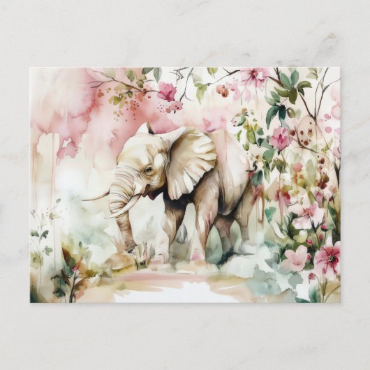 Aquarell Illustration eines Elefanten mit Blumen ポストカード (正面)