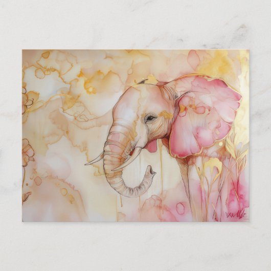 Aquarell Illustration eines Elefanten mit gold ポストカード (正面)