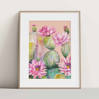 Aquarell Kaktus mit pinken Blüten Poster ポスター
