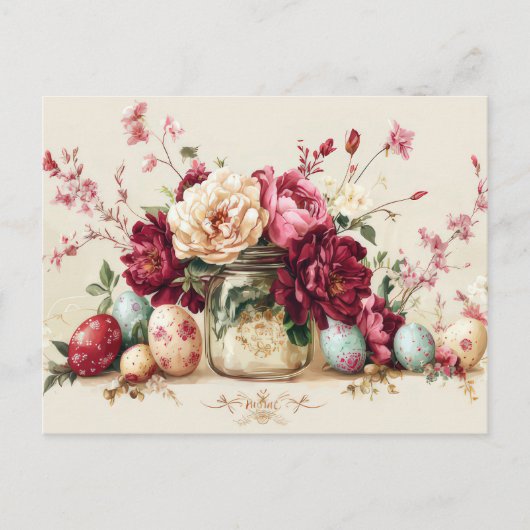 Aquarell Oster Postkarte mit Ostereiern und Blumen ポストカード (正面)