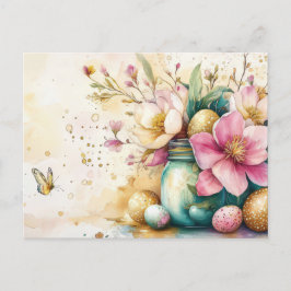 Aquarell Oster Postkarte mit Ostereiern und Blumen ポストカード