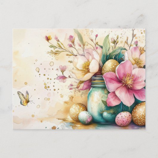 Aquarell Oster Postkarte mit Ostereiern und Blumen ポストカード (正面)
