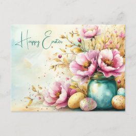 Aquarell Oster Postkarte mit Ostereiern und Blumen ポストカード