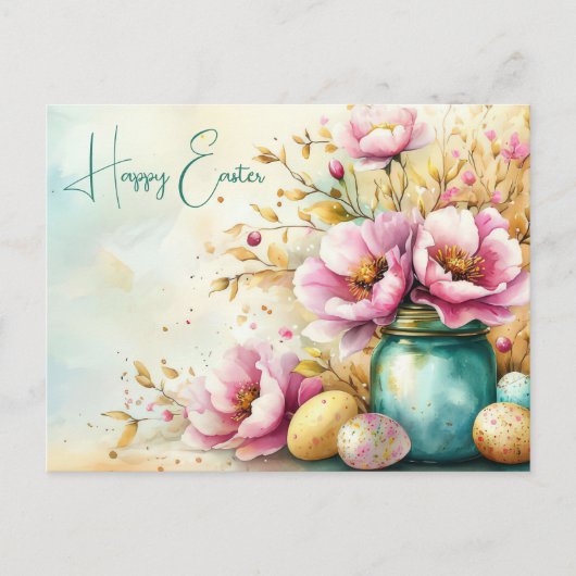Aquarell Oster Postkarte mit Ostereiern und Blumen ポストカード (正面)