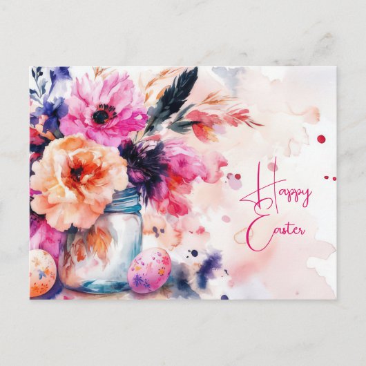 Aquarell Oster Postkarte mit Ostereiern und Blumen ポストカード (正面)