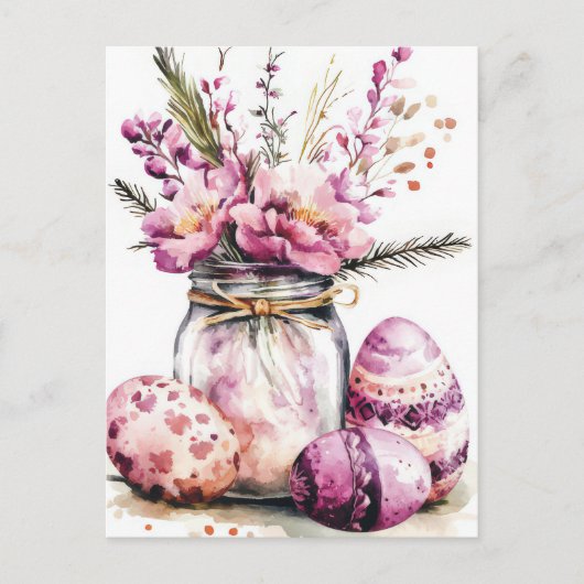 Aquarell Oster Postkarte mit Ostereiern und Blumen ポストカード (正面)