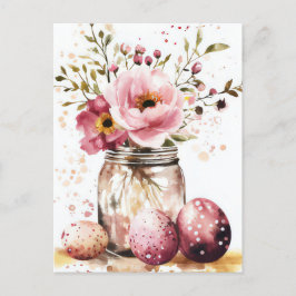 Aquarell Oster Postkarte mit Ostereiern und Blumen ポストカード