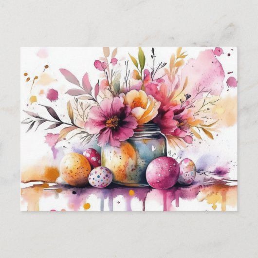 Aquarell Oster Postkarte mit Ostereiern und Blumen ポストカード (正面)