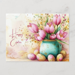 Aquarell Oster Postkarte mit Ostereiern und Blumen ポストカード