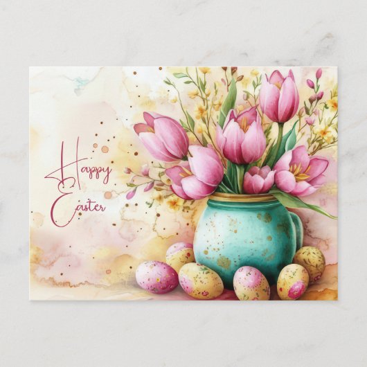 Aquarell Oster Postkarte mit Ostereiern und Blumen ポストカード (正面)