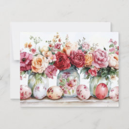 Aquarell Oster Postkarte mit Ostereiern und Blumen ポストカード