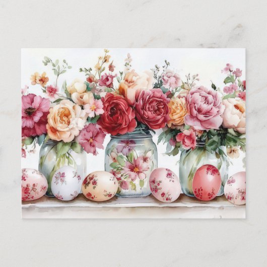 Aquarell Oster Postkarte mit Ostereiern und Blumen ポストカード (正面)