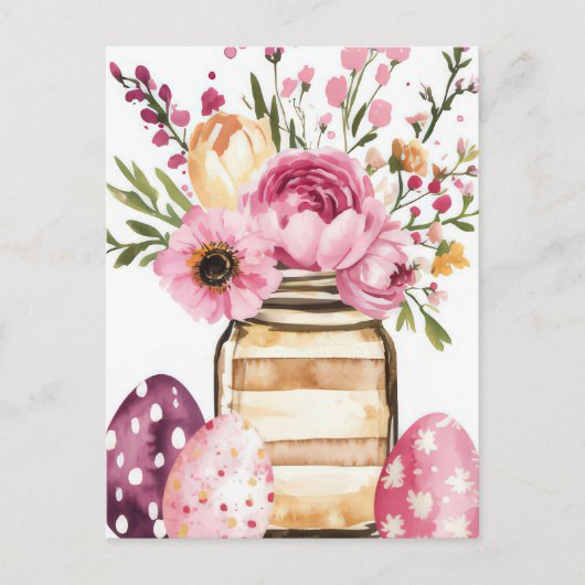Aquarell Oster Postkarte mit Ostereiern und Blumen ポストカード (正面)