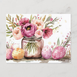 Aquarell Oster Postkarte mit Ostereiern und Blumen ポストカード