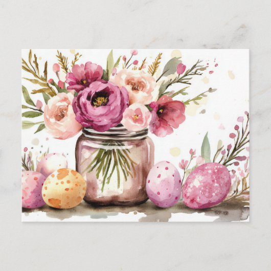 Aquarell Oster Postkarte mit Ostereiern und Blumen ポストカード (正面)