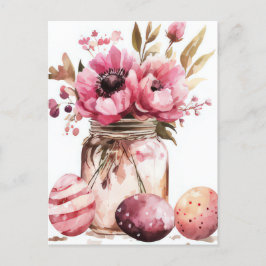 Aquarell Oster Postkarte mit Ostereiern und Blumen ポストカード