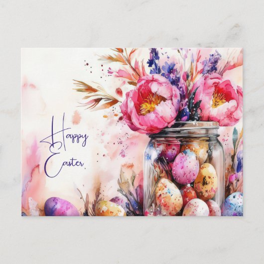 Aquarell Oster Postkarte mit Ostereiern und Blumen ポストカード (正面)