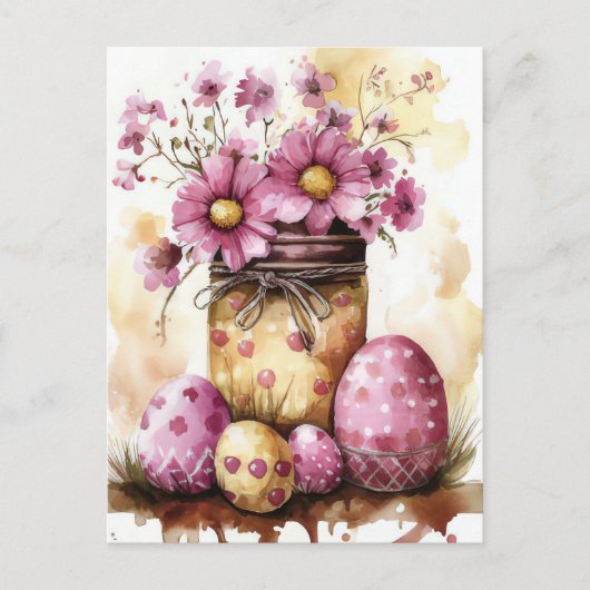 Aquarell Oster Postkarte mit Ostereiern und Blumen ポストカード (正面)