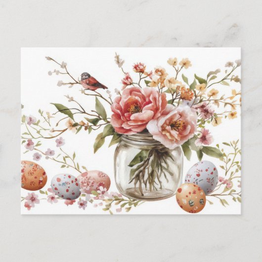 Aquarell Oster Postkarte mit Ostereiern und Blumen ポストカード (正面)