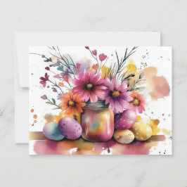 Aquarell Oster Postkarte mit Ostereiern und Blumen ポストカード