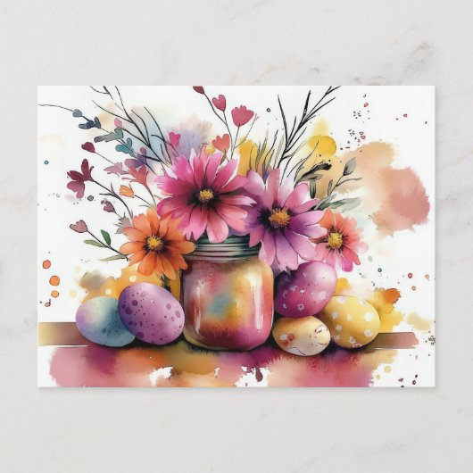 Aquarell Oster Postkarte mit Ostereiern und Blumen ポストカード (正面)