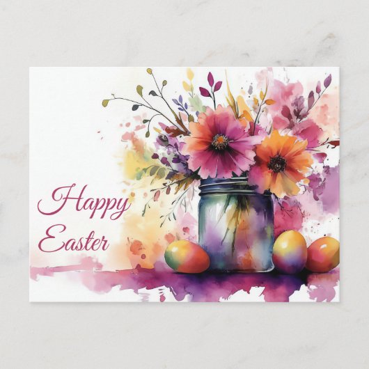Aquarell Oster Postkarte mit Ostereiern und Blumen ポストカード (正面)