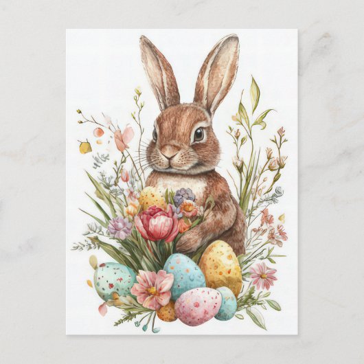 Aquarell Oster Postkarte mit Osterhase und Blumen ポストカード (正面)