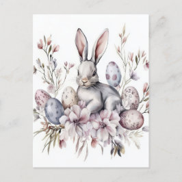 Aquarell Oster Postkarte mit Osterhase und Blumen ポストカード
