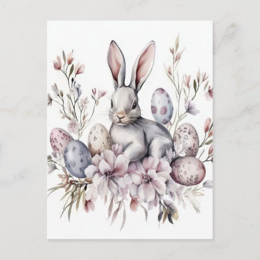 Aquarell Oster Postkarte mit Osterhase und Blumen ポストカード (正面)