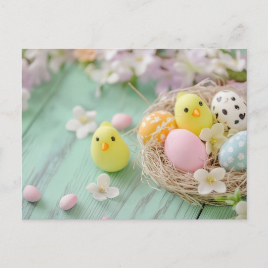 Aquarell Oster Postkarte mit Osternest und Kücken ポストカード (正面)