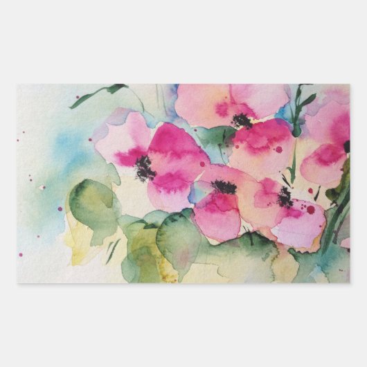 Aquarell rosa Blumen in der Vase 長方形シール (正面)