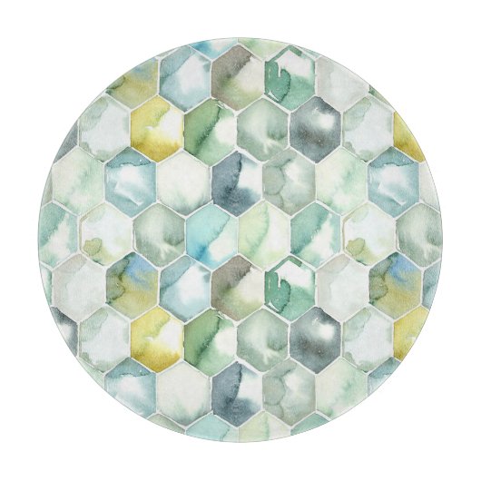 AquarelleのHonycomb青及び緑のパターン カッティングボード (正面)