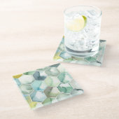 AquarelleのHonycomb青及び緑のパターン ガラスコースター (アングル)