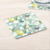AquarelleのHonycomb青及び緑のパターン スクエアペーパーコースター (アングル)