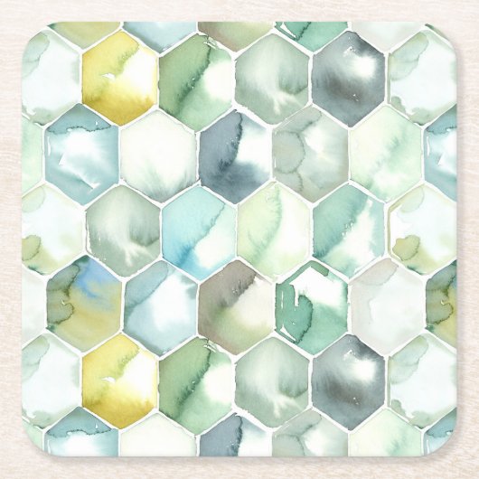 AquarelleのHonycomb青及び緑のパターン スクエアペーパーコースター (正面)