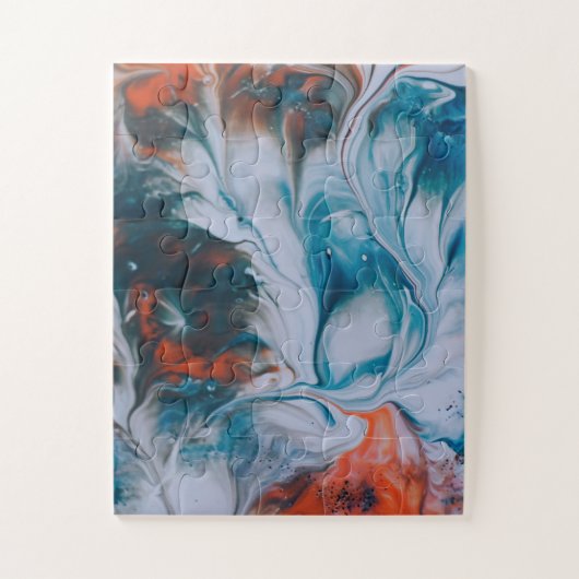 Aquarelle fluide indigo bleu orange corail ジグソーパズル (縦)