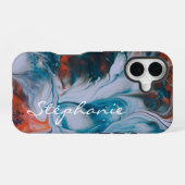 Aquarelle fluide indigo bleu orange corail iPhone 16ケース (裏面横)