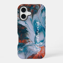 Aquarelle fluide indigo bleu orange corail iPhone 16ケース