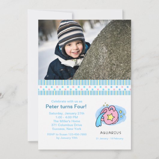 Aquariusフォト誕生日パーティーの招待 招待状 (正面)