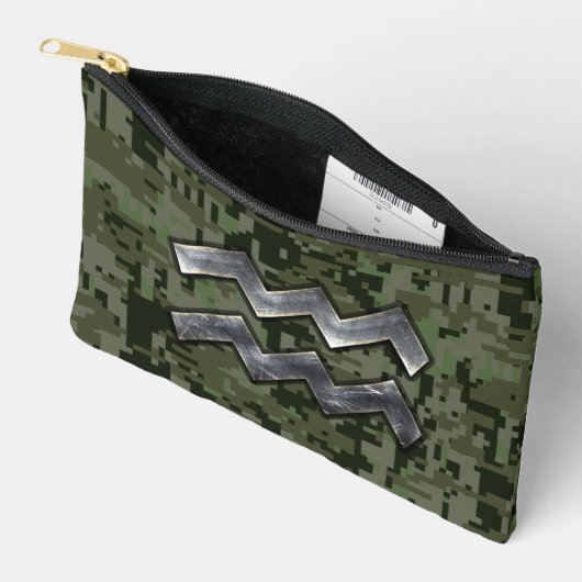 Aquarius〔占星術の〕十二宮図シンボルGreen Digital Camouflage アクセサリーポーチ (見開き)