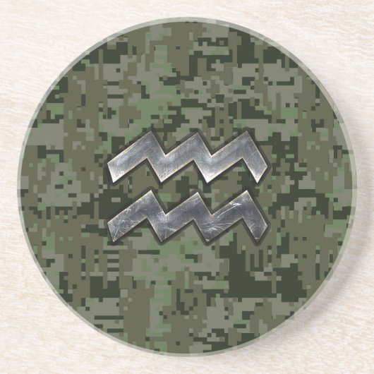 Aquarius〔占星術の〕十二宮図シンボルGreen Digital Camouflage コースター (正面)