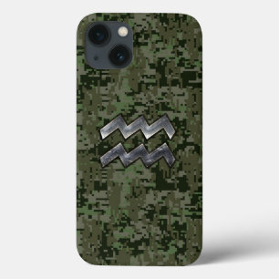 Aquarius〔占星術の〕十二宮図シンボルGreen Digital Camouflage iPhone 13ケース