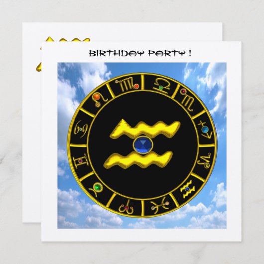 AQUARIUS.金ゴールド〔占星術の〕十二宮図誕生日標識，星占い図 招待状 (正面/裏面)