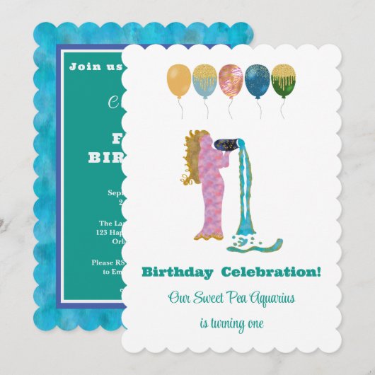 Aquarius 1st Birthday Impressionist Gold Glitter  招待状 (正面/裏面)